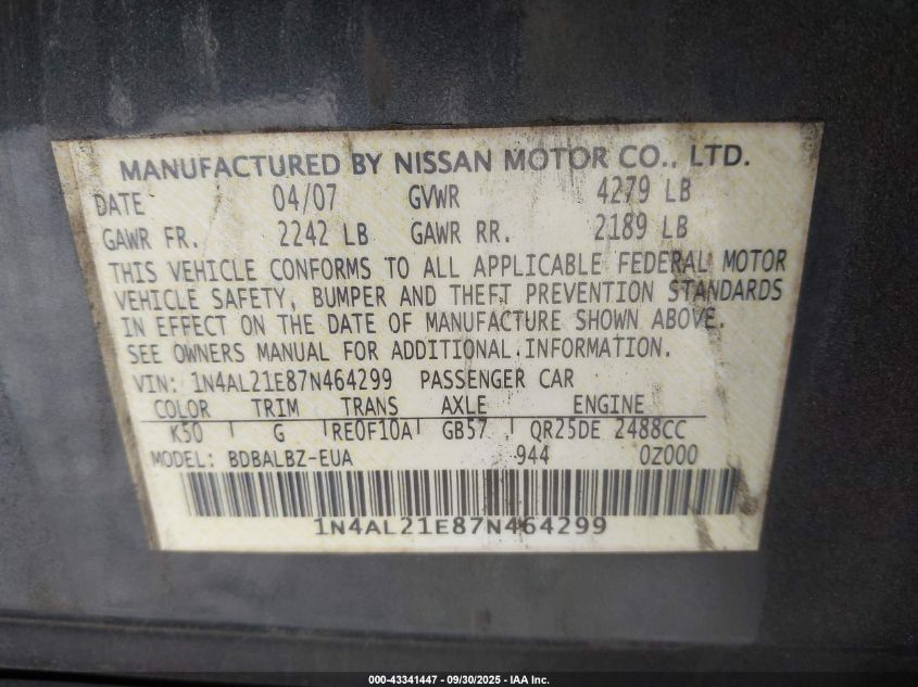 2007 Nissan Altima 2.5 S VIN: 1N4AL21E87N464299 Lot: 43341447