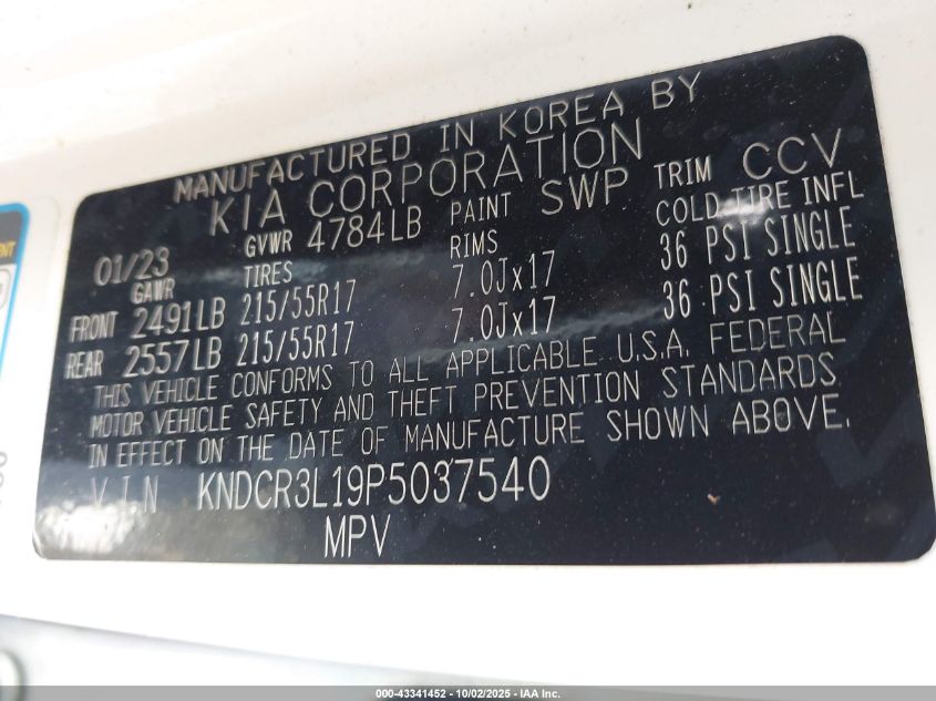 2023 Kia Niro Ev Wind VIN: KNDCR3L19P5037540 Lot: 43341452