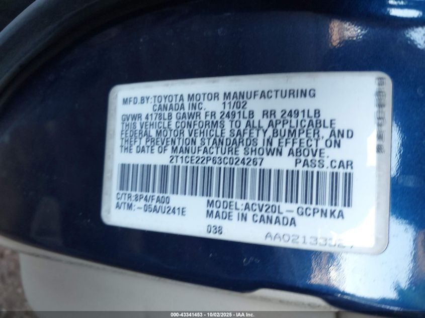 2003 Toyota Camry Solara Se VIN: 2T1CE22P63C024267 Lot: 43341453