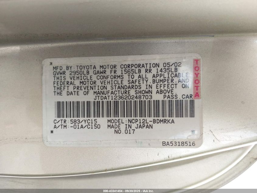 2002 Toyota Echo VIN: JTDAT123620248703 Lot: 43341454