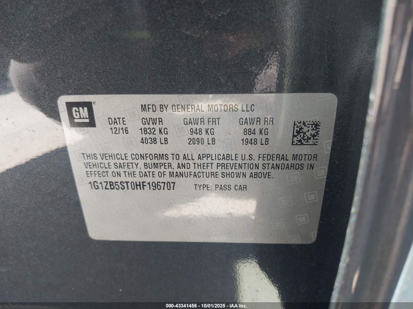 2017 Chevrolet Malibu Ls VIN: 1G1ZB5ST0HF196707 Lot: 43341456