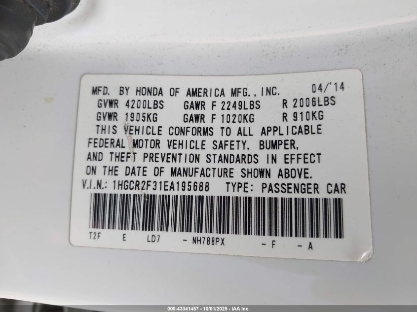 2014 Honda Accord Lx VIN: 1HGCR2F31EA195688 Lot: 43341457