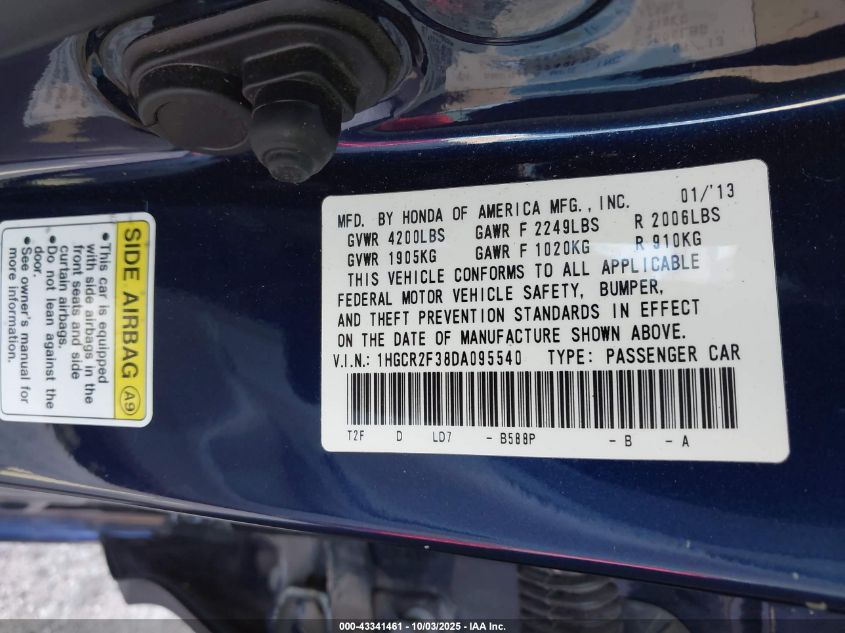 2013 Honda Accord Lx VIN: 1HGCR2F38DA095540 Lot: 43341461
