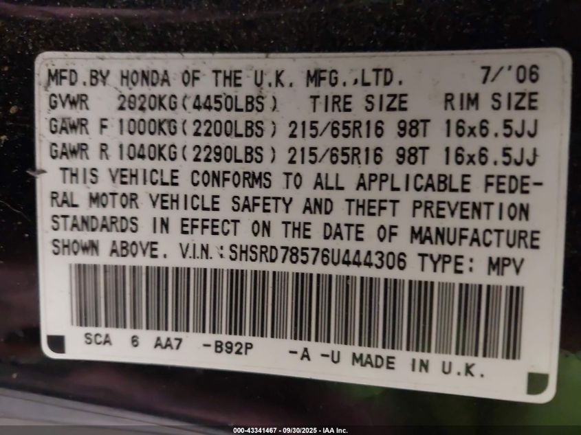 2006 Honda Cr-V Lx VIN: SHSRD78576U444306 Lot: 43341467