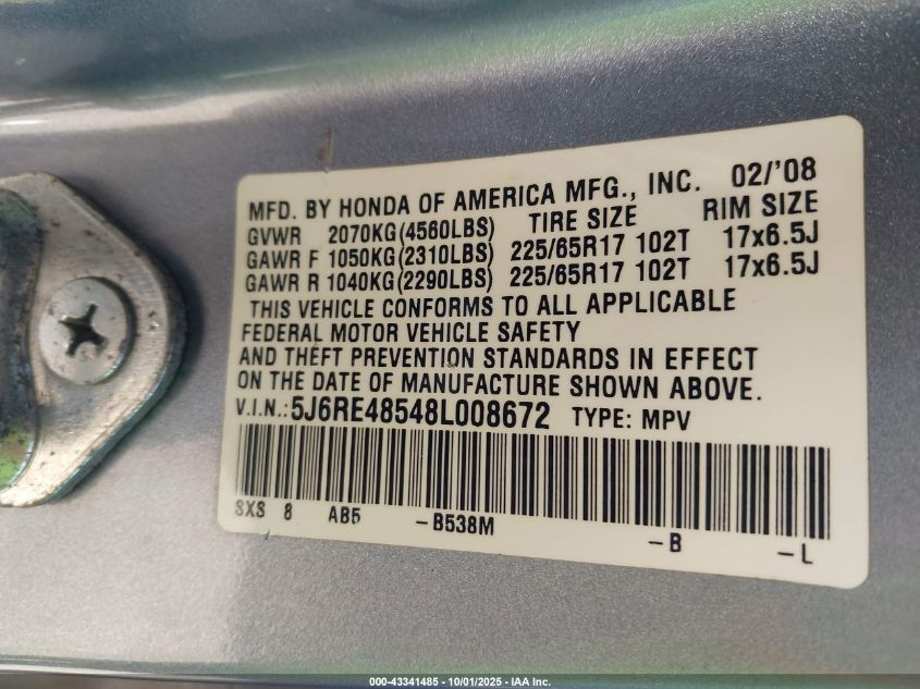 2008 Honda Cr-V Ex VIN: 5J6RE48548L008672 Lot: 43341485