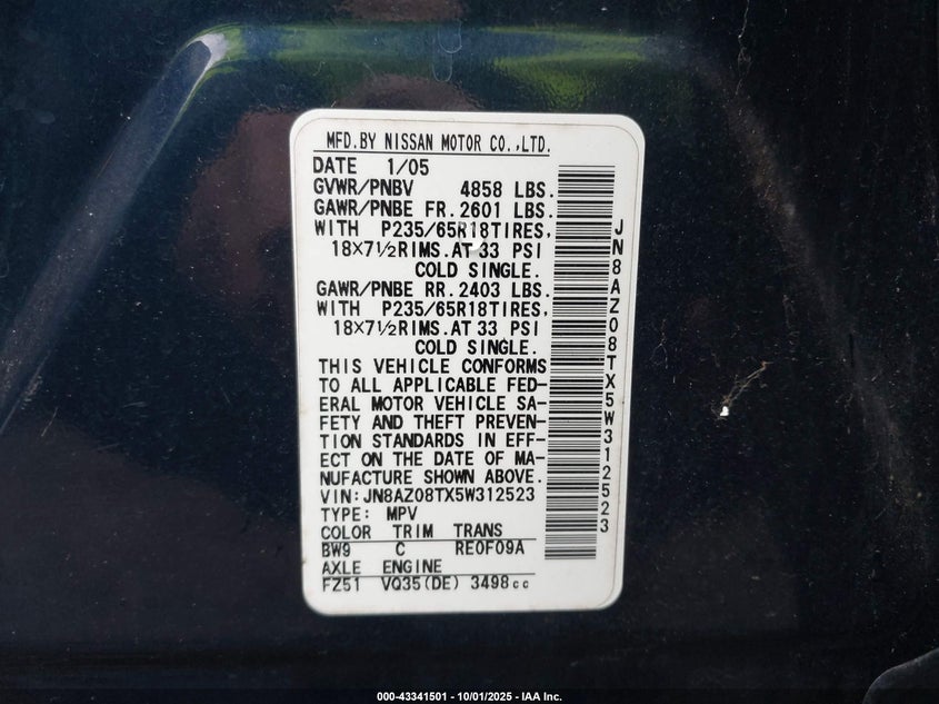 2005 Nissan Murano Sl VIN: JN8AZ08TX5W312523 Lot: 43341501