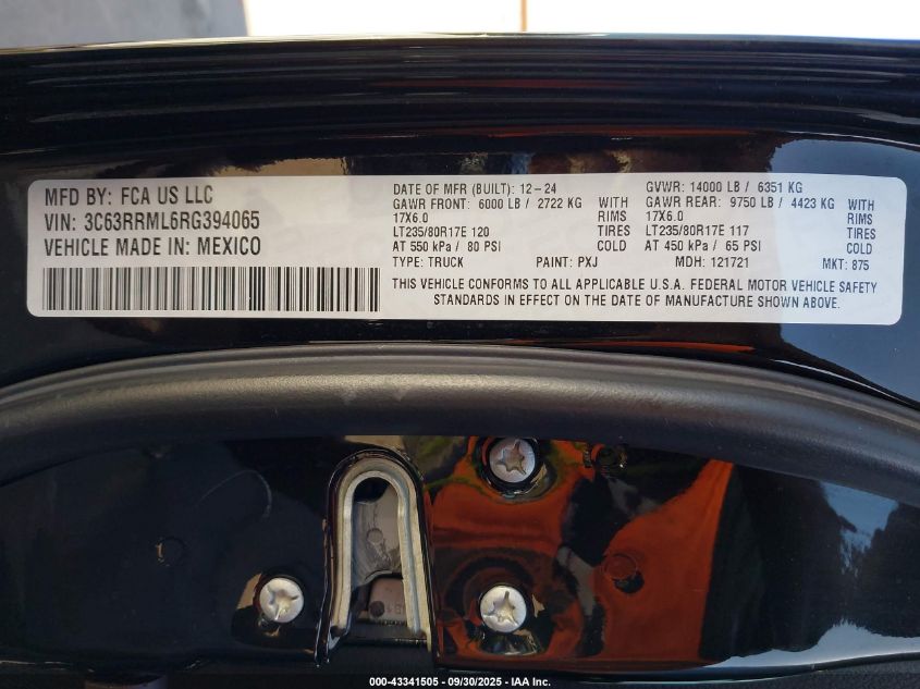 2024 Ram 3500 Laramie 4X4 6'4 Box VIN: 3C63RRML6RG394065 Lot: 43341505