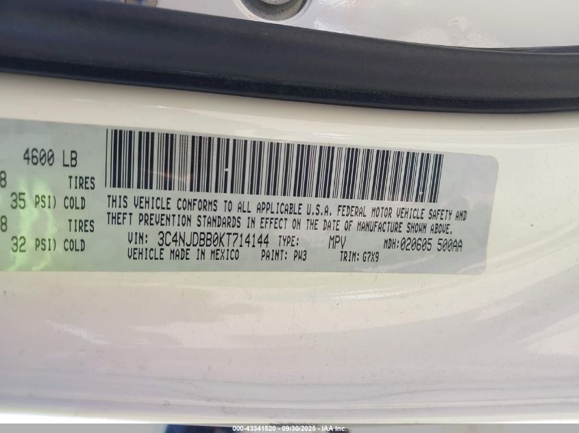 2019 Jeep Compass Altitude 4X4 VIN: 3C4NJDBB0KT714144 Lot: 43341520