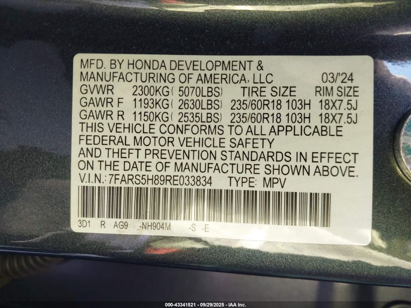 2024 Honda Cr-V Hybrid Sport-L VIN: 7FARS5H89RE033834 Lot: 43341521