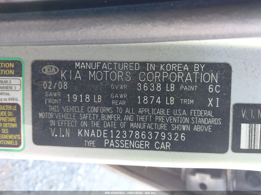 2008 Kia Rio Lx VIN: KNADE123786379326 Lot: 43341523