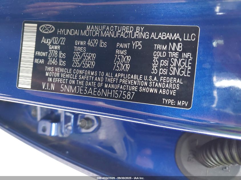 2022 Hyundai Tucson Limited VIN: 5NMJE3AE6NH157587 Lot: 43341529