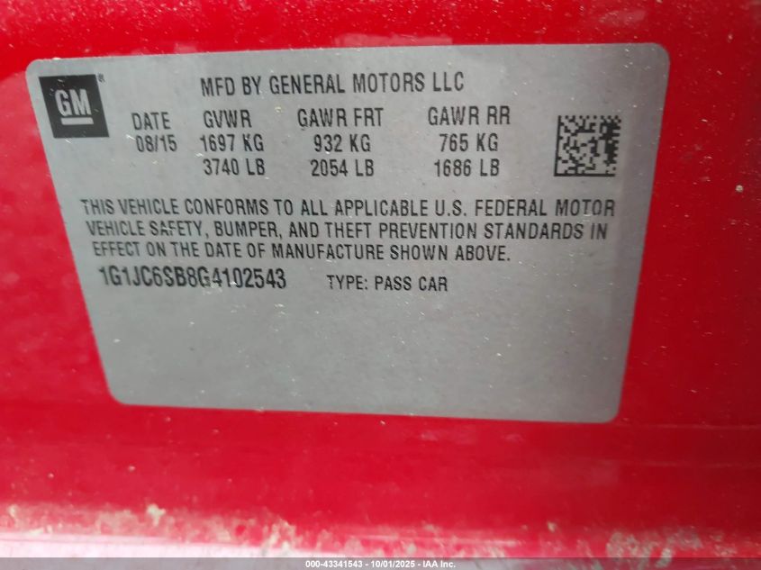 2016 Chevrolet Sonic Lt Auto VIN: 1G1JC6SB8G4102543 Lot: 43341543