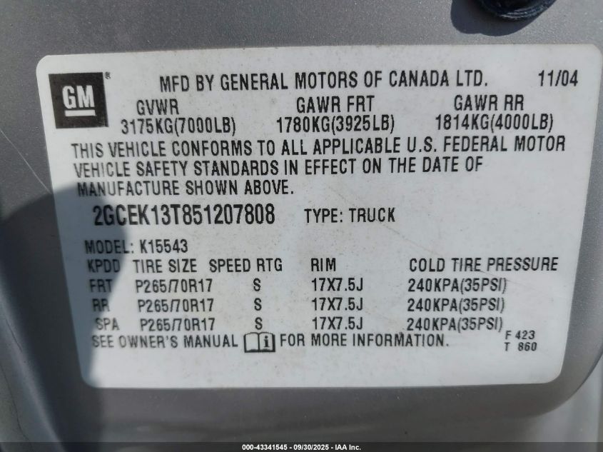 2005 Chevrolet Silverado 1500 Z71 VIN: 2GCEK13T851207808 Lot: 43341545