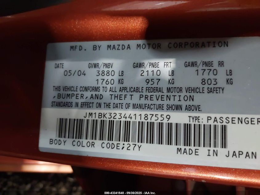 2004 Mazda Mazda3 S VIN: JM1BK323441187559 Lot: 43341548