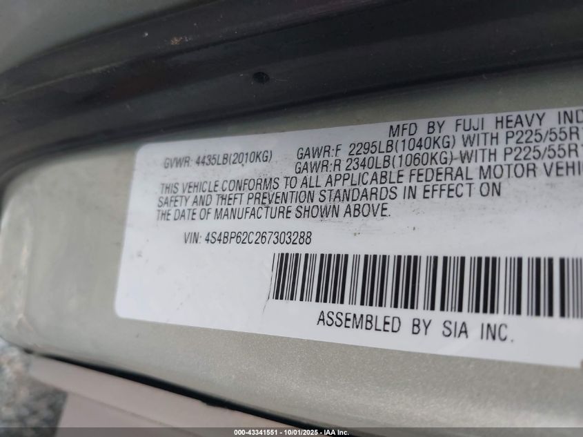 2006 Subaru Outback 2.5I Limited VIN: 4S4BP62C267303288 Lot: 43341551