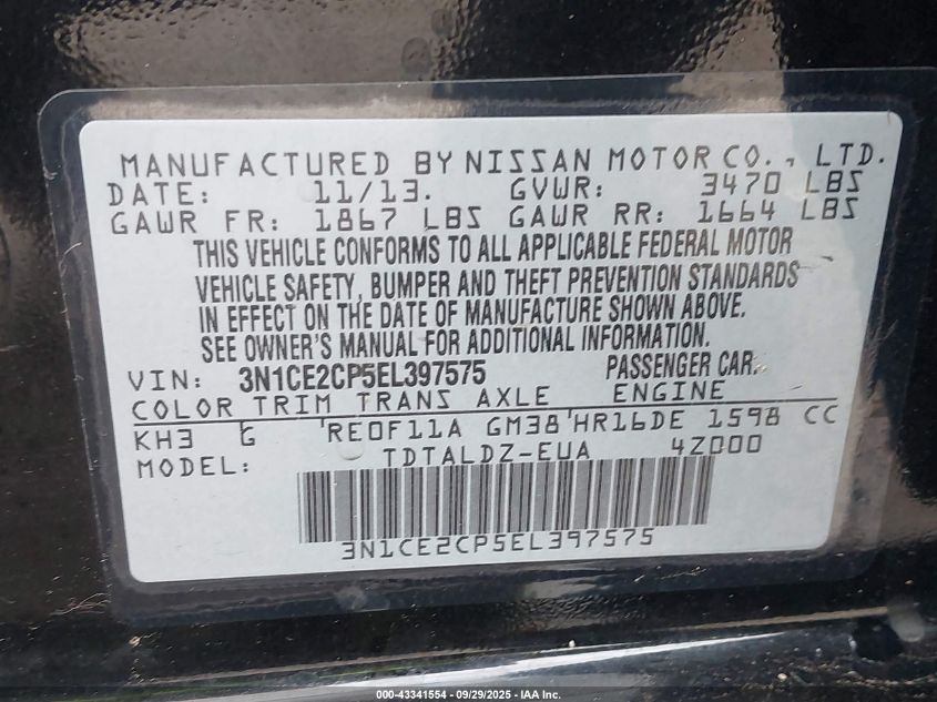 2014 Nissan Versa Note Sv VIN: 3N1CE2CP5EL397575 Lot: 43341554