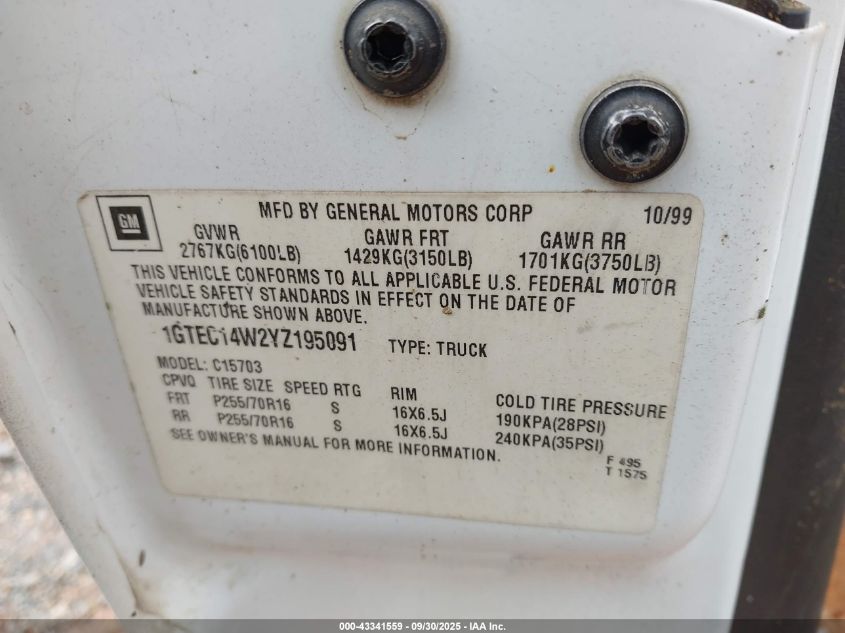 2000 GMC Sierra 1500 Sl VIN: 1GTEC14W2YZ195091 Lot: 43341559