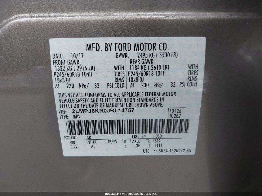2018 Lincoln Mkx Select VIN: 2LMPJ6KR0JBL14757 Lot: 43341571