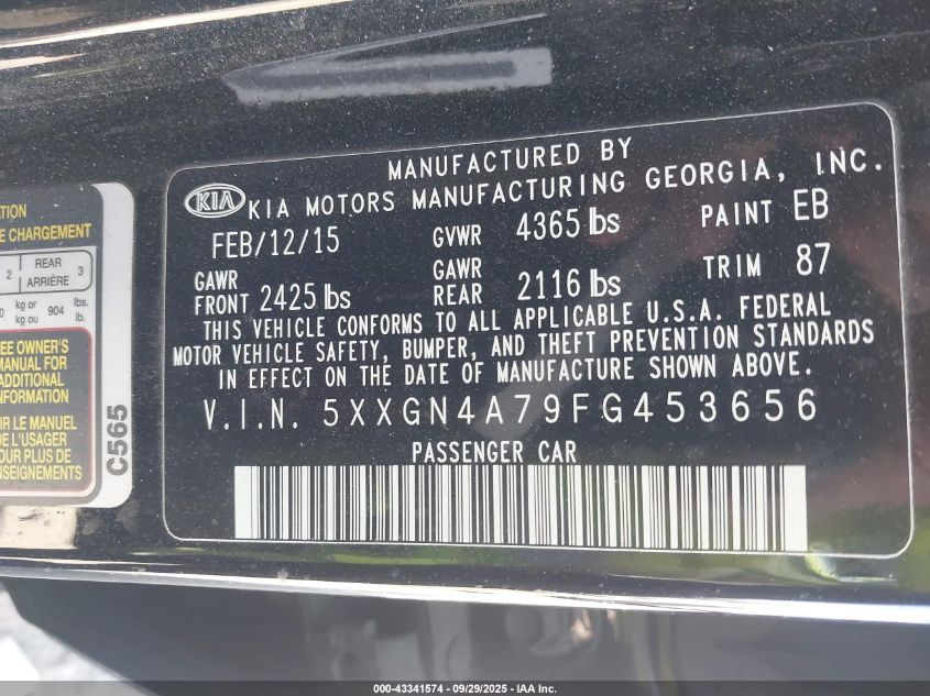 2015 Kia Optima Ex VIN: 5XXGN4A79FG453656 Lot: 43341574