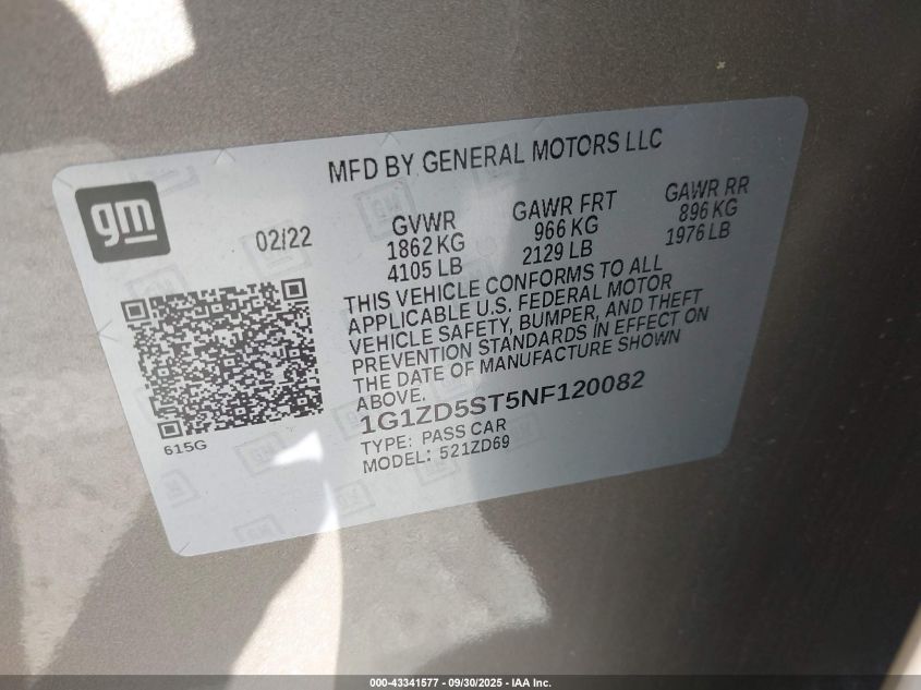 2022 Chevrolet Malibu Fwd Lt VIN: 1G1ZD5ST5NF120082 Lot: 43341577