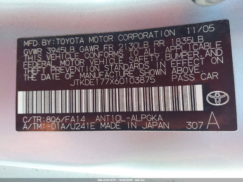 2006 Scion Tc VIN: JTKDE177X60103875 Lot: 43341579