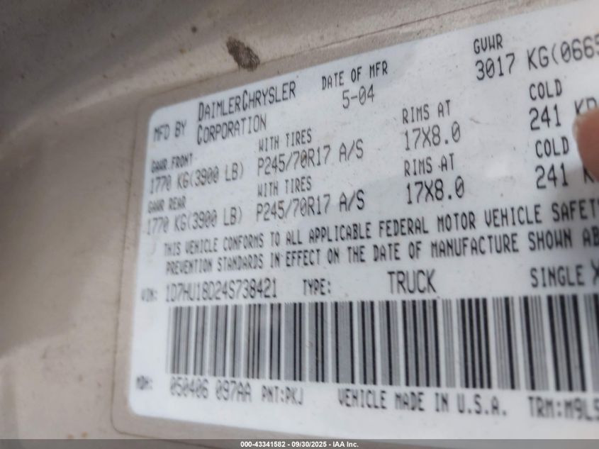 2004 Dodge Ram 1500 Slt/Laramie VIN: 1D7HU18D24S738421 Lot: 43341582