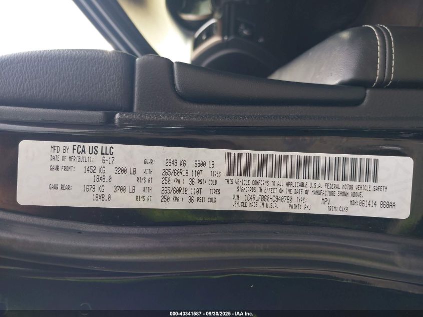 2017 Jeep Grand Cherokee Limited 4X4 VIN: 1C4RJFBG0HC940780 Lot: 43341587