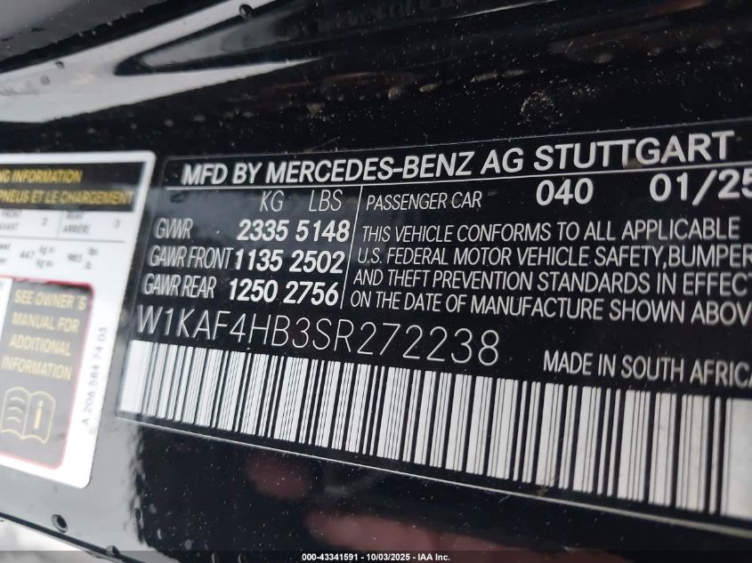 2025 Mercedes-Benz C 300 VIN: W1KAF4HB3SR272238 Lot: 43341591