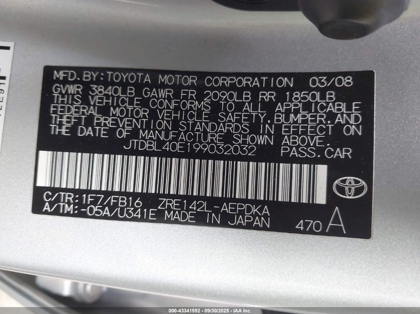 2009 Toyota Corolla Le VIN: JTDBL40E199032032 Lot: 43341592