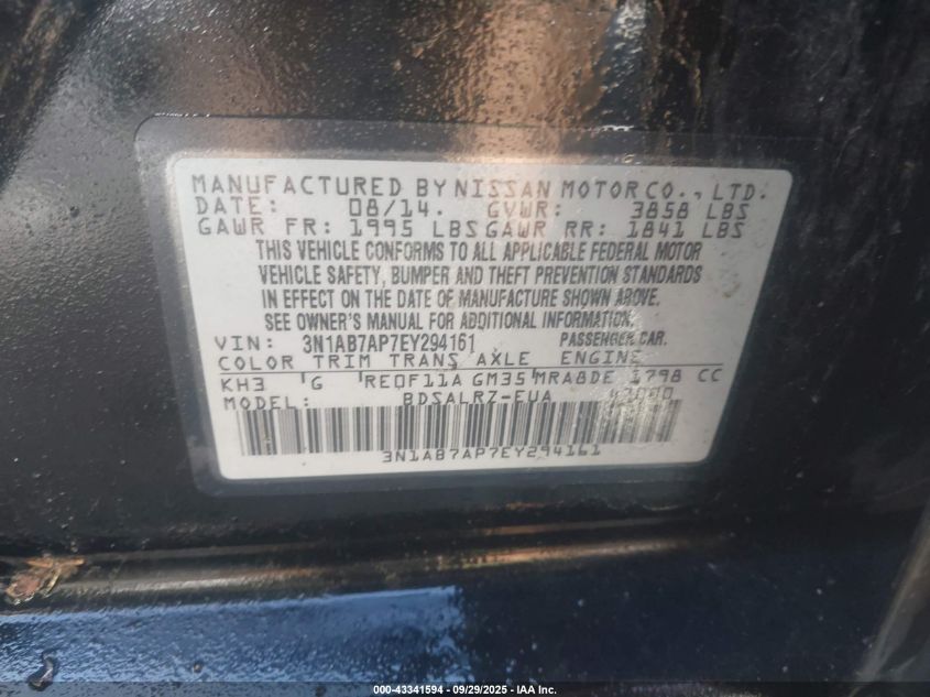 2014 Nissan Sentra Sr VIN: 3N1AB7AP7EY294161 Lot: 43341594