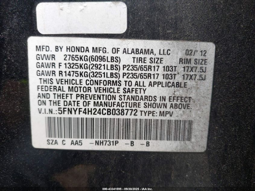 2012 Honda Pilot Lx VIN: 5FNYF4H24CB038772 Lot: 43341595