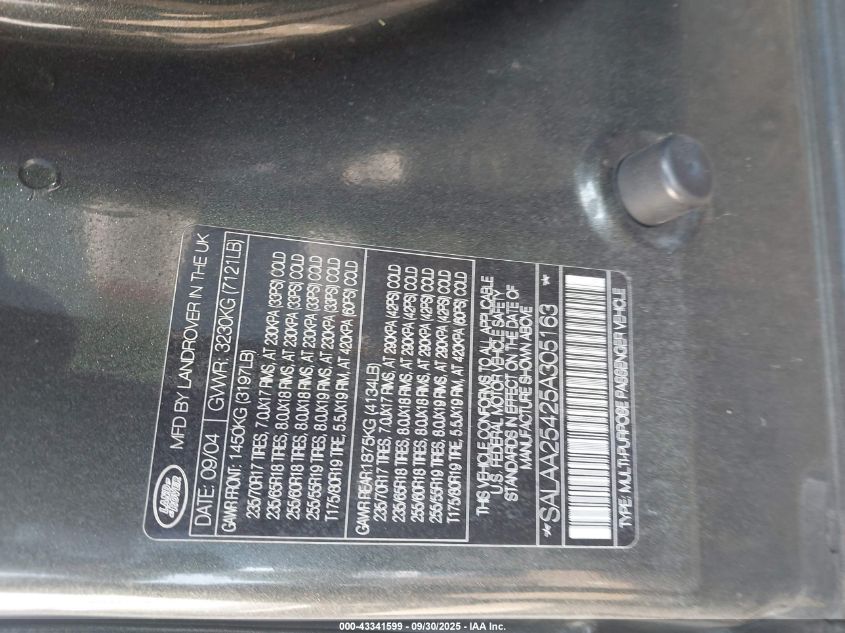 2005 Land Rover Lr3 Se VIN: SALAA25425A305163 Lot: 43341599