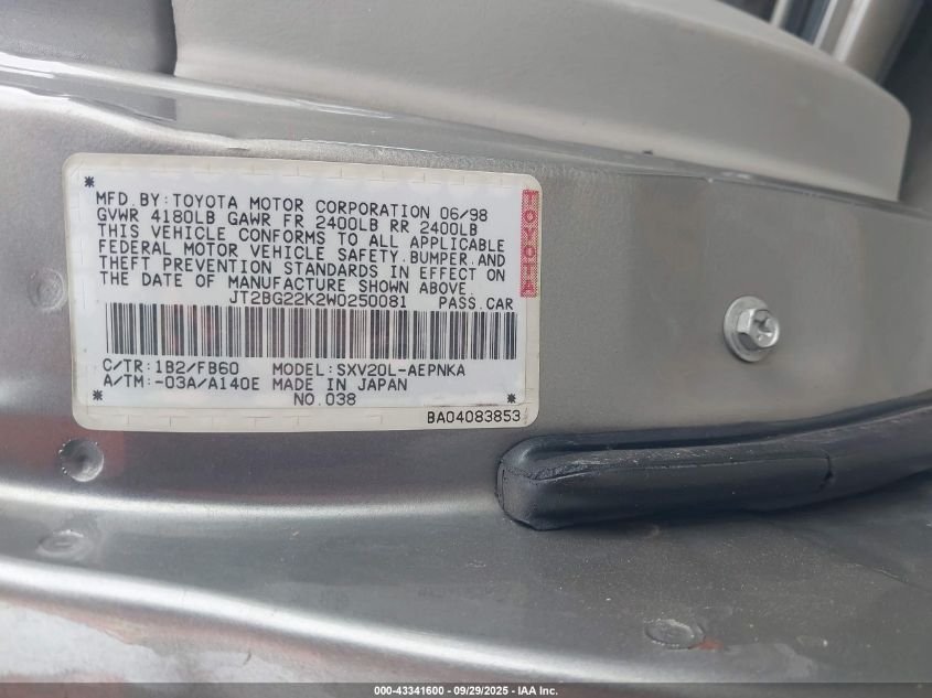 1998 Toyota Camry Le VIN: JT2BG22K2W0250081 Lot: 43341600