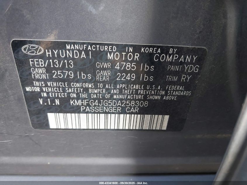 2013 Hyundai Azera VIN: KMHFG4JG5DA258308 Lot: 43341608
