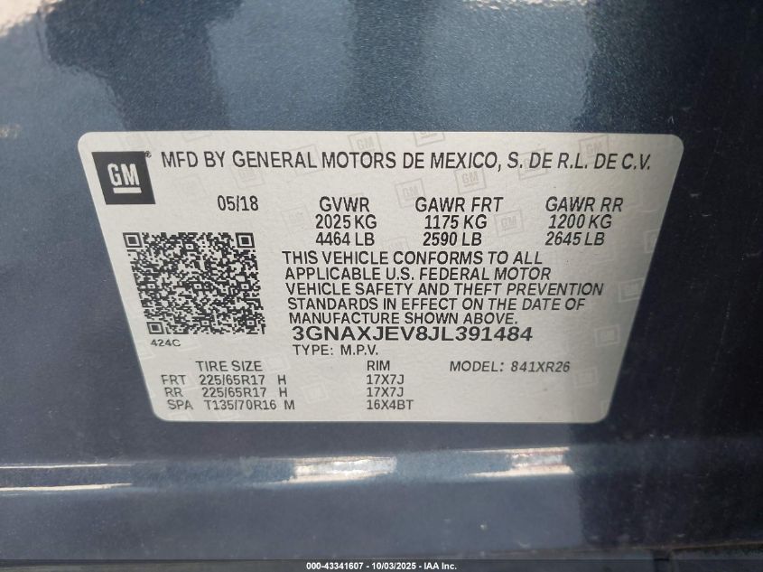 2018 Chevrolet Equinox Lt VIN: 3GNAXJEV8JL391484 Lot: 43341607