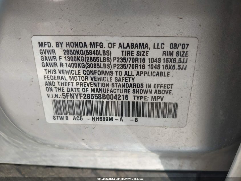 2008 Honda Pilot Ex-L VIN: 5FNYF28558B004216 Lot: 43341614