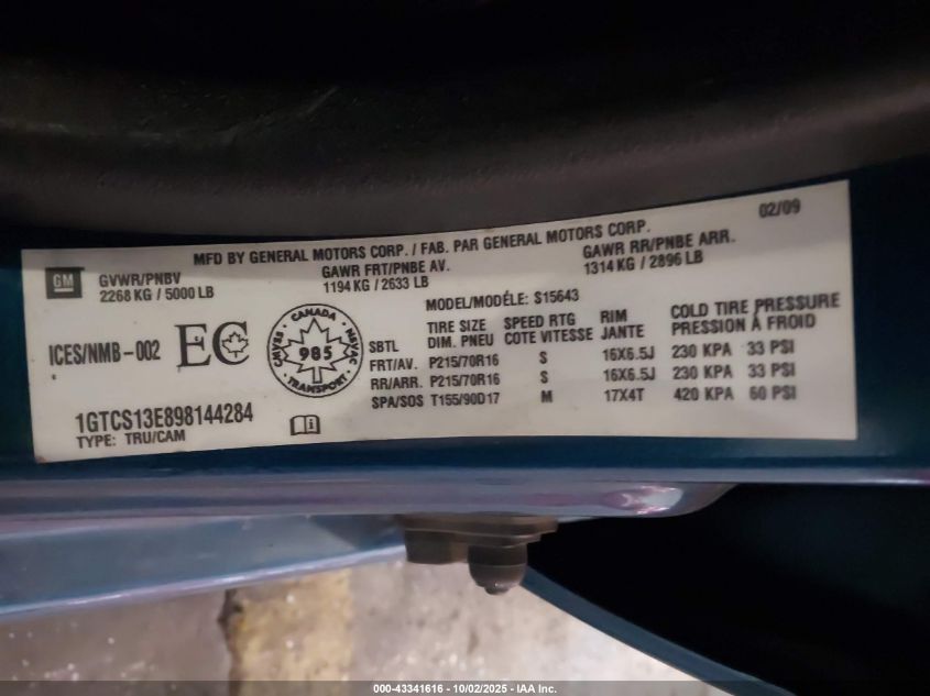 2009 GMC Canyon Sle1/Sle2/Slt VIN: 1GTCS13E898144284 Lot: 43341616
