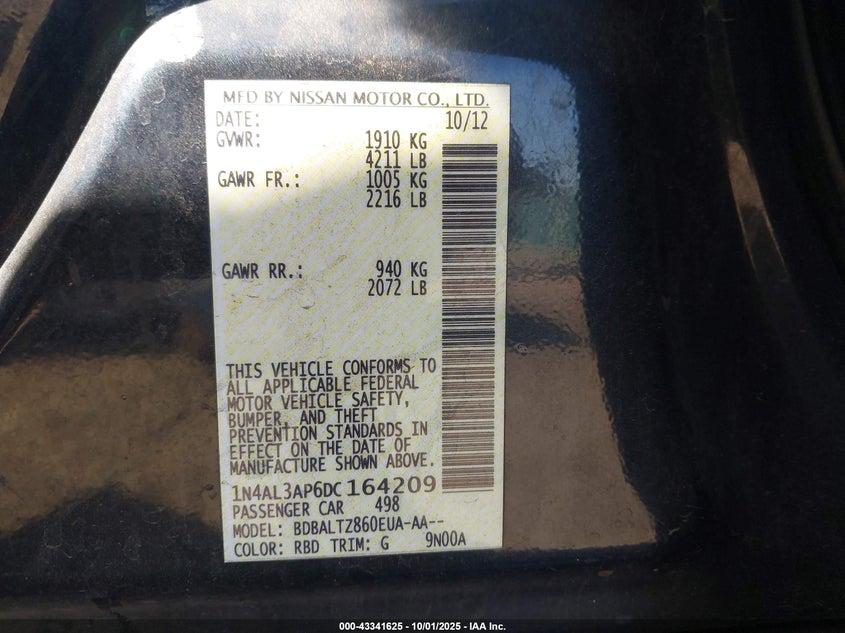 2013 NISSAN ALTIMA 2.5 SV 1N4AL3AP6DC164209