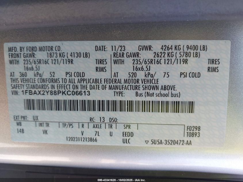 2023 Ford Transit-350 Passenger Van Xl VIN: 1FBAX2Y88PKC06613 Lot: 43341628