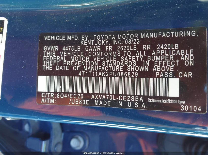 2023 Toyota Camry Se Nightshade Edition VIN: 4T1T11AK2PU086829 Lot: 43341635