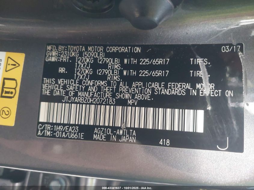 2017 Lexus Nx 200T VIN: JTJYARBZ0H2072183 Lot: 43341637