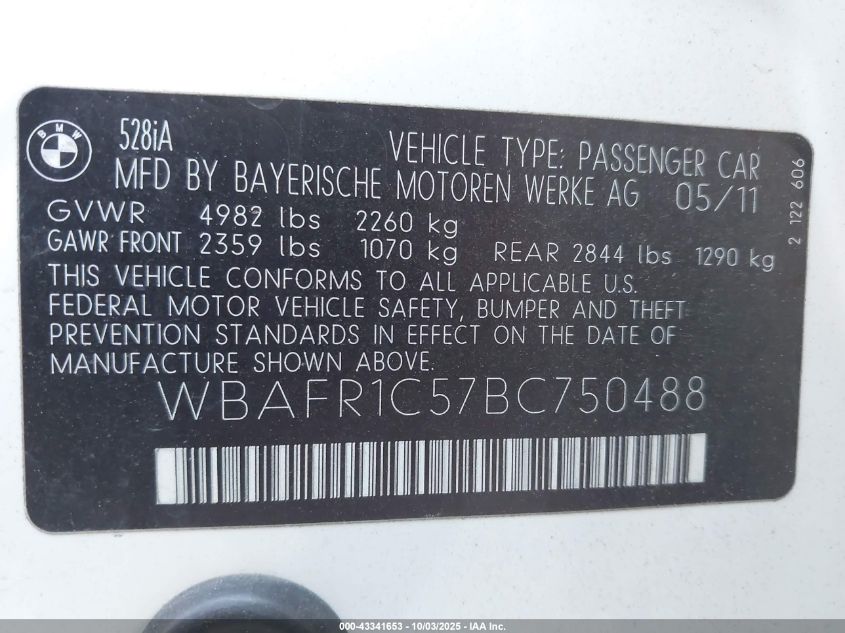 2011 BMW 528I VIN: WBAFR1C57BC750488 Lot: 43341653