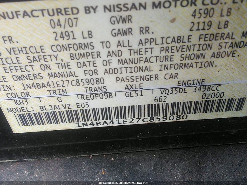2007 Nissan Maxima 3.5 Se VIN: 1N4BA41E27C859080 Lot: 43341655