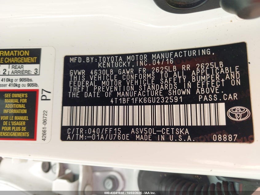 2016 TOYOTA CAMRY SE 4T1BF1FK6GU232591