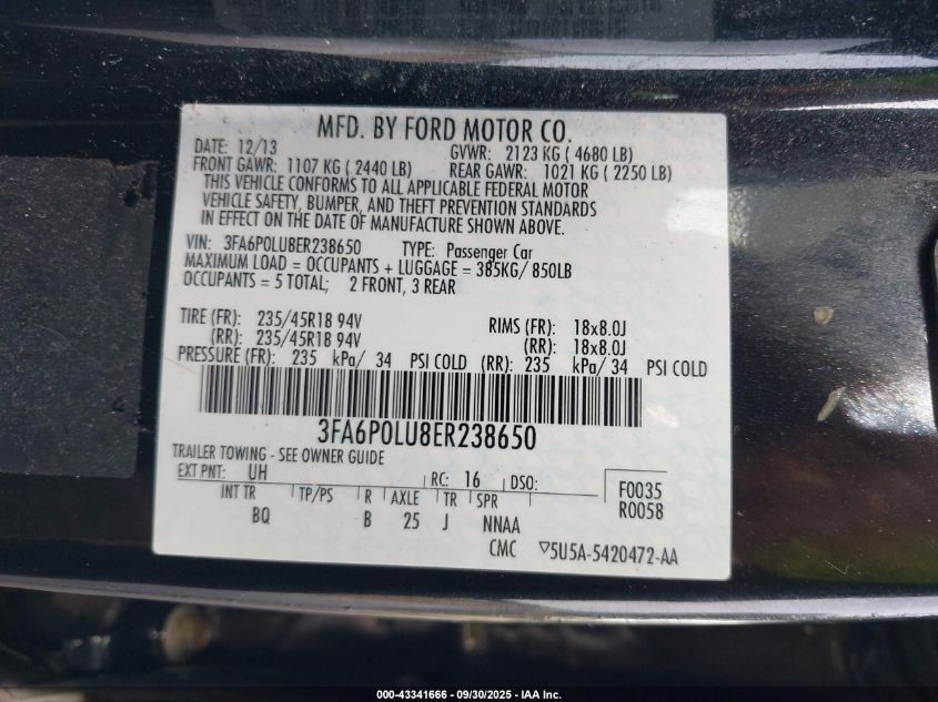 2014 Ford Fusion Hybrid Se VIN: 3FA6P0LU8ER238650 Lot: 43341666