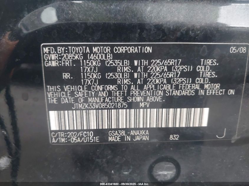 2008 Toyota Rav4 Base V6 VIN: JTMZK33V085021875 Lot: 43341680