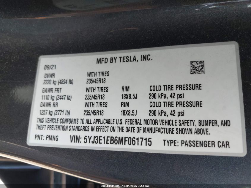 2021 Tesla Model 3 Long Range Dual Motor All-Wheel Drive VIN: 5YJ3E1EB6MF061715 Lot: 43341685