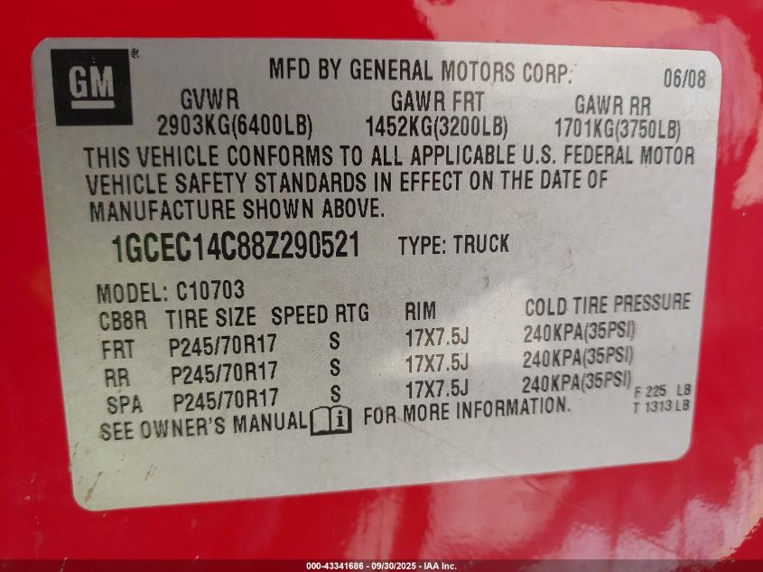 2008 Chevrolet Silverado 1500 Work Truck VIN: 1GCEC14C88Z290521 Lot: 43341686