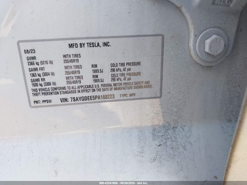 2023 Tesla Model Y VIN: 7SAYGDEE5PA168223 Lot: 43341688