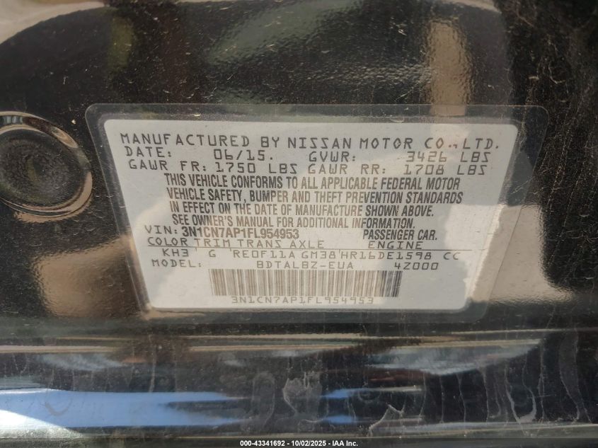 2015 Nissan Versa 1.6 Sv VIN: 3N1CN7AP1FL954953 Lot: 43341692